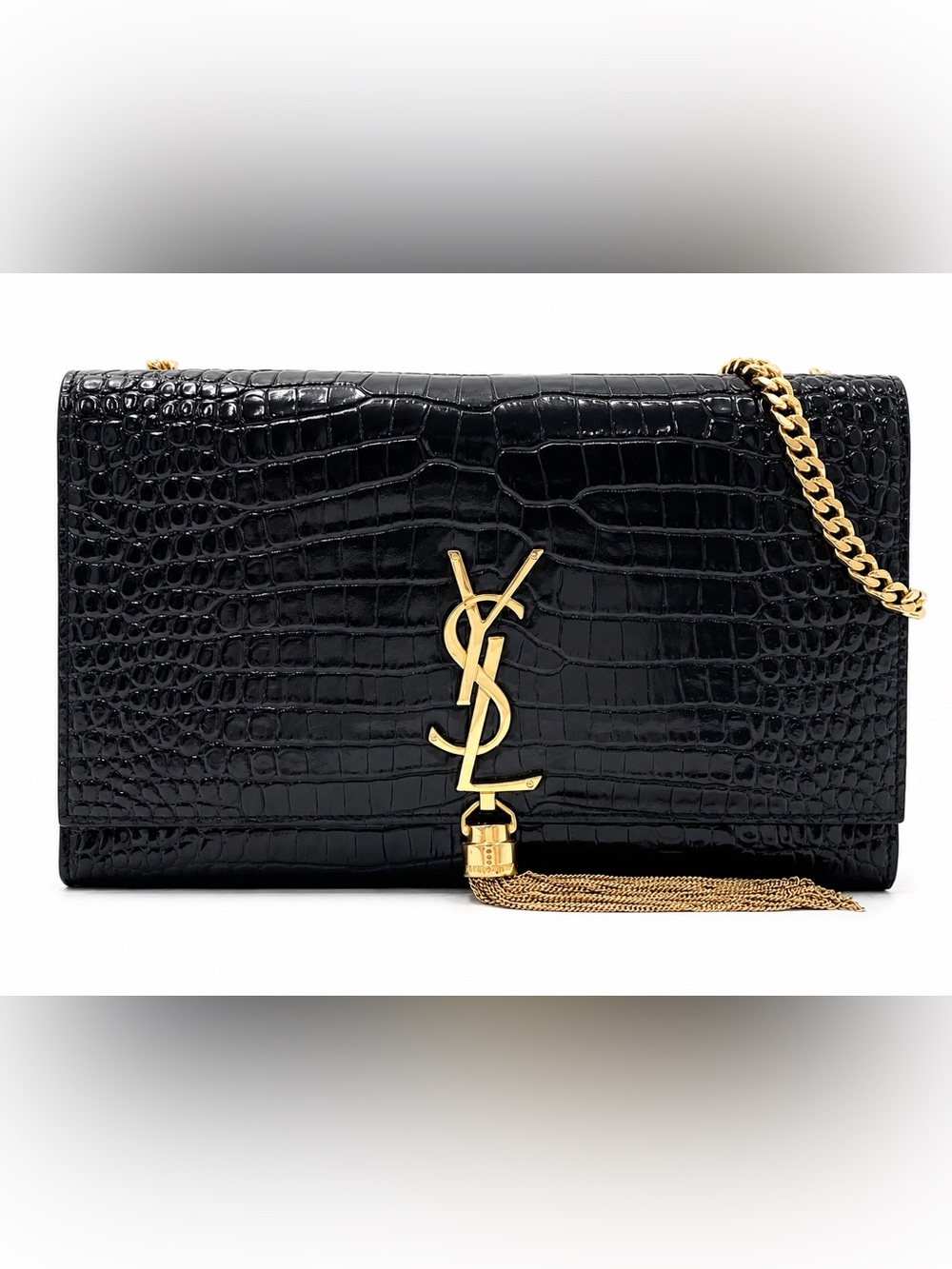 Saint Laurent Black Croc-Embossed YSL Tassel Crossbody Bag